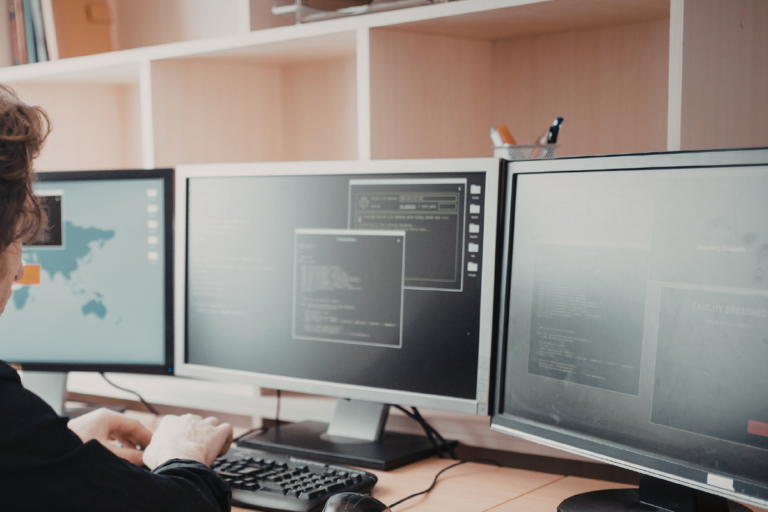 Profissional diante de múltiplas telas representando excesso de informação no ambiente de trabalho.